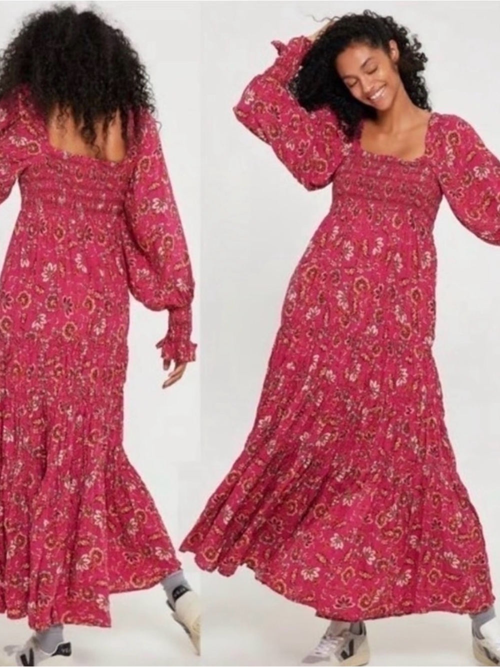 Free People Pink Floral Smocked Dress Size XL Boho Cottagecore Prairie